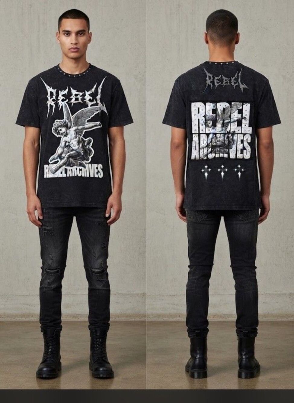 Rebel Vengeance Graphic Tee Shirt Mens 2XL Black Studded Angel Y2K Punk Grunge⁠